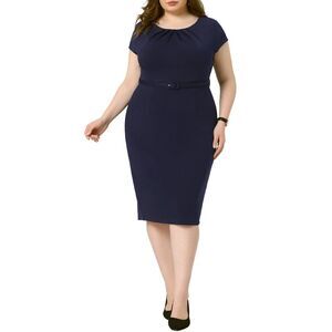 Plus Size Office 50s 60s Vintage Pencil Bodycon Wear to Work Dress Navy Blue